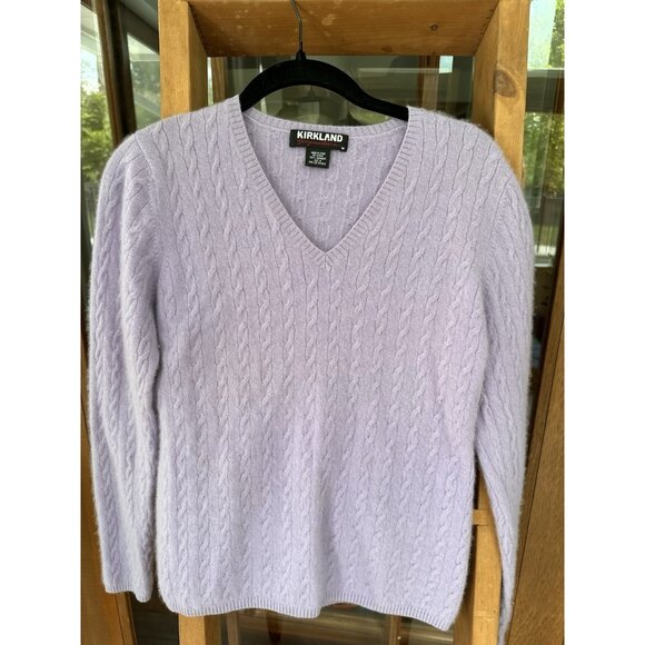 Kirkland Sweater Womens Medium Lavender Purple 100% Cashmere Cable Knit V Neck - Picture 1 of 6